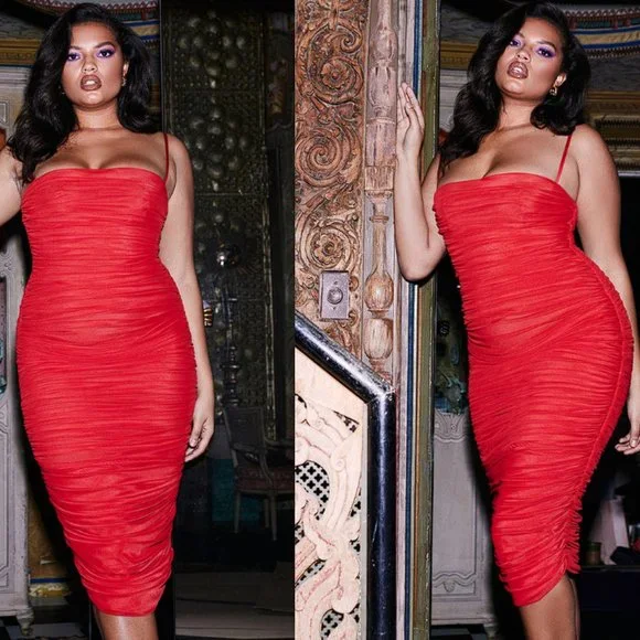 RARE HOUSE OF CB 'Sirene' Red Gathered Organza Mesh Dress NWT - Picture 6 of 11